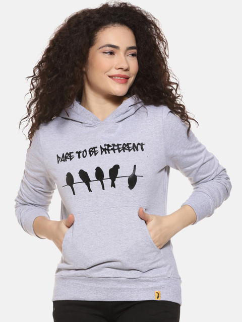 

Campus Sutra Women Grey & Black Printed Hooded Sweatshirt