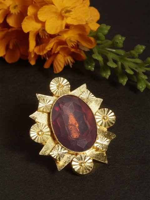 

DIVA WALK Women Gold-Plated & Brown Stone-Studded Oval-Shaped Adjustable Finger Ring