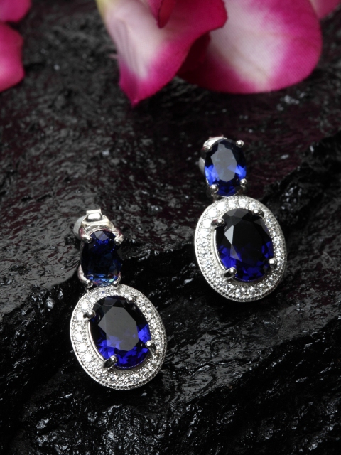 

DUGRISTYLE Silver-Toned & Blue Circular Drop Earrings