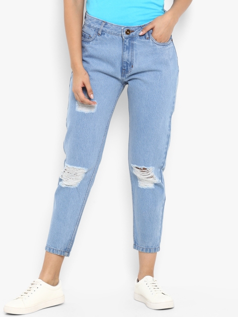 

FOSH Women Blue Mom Fit Mid-Rise Highly Distressed Stretchable Cropped Jeans
