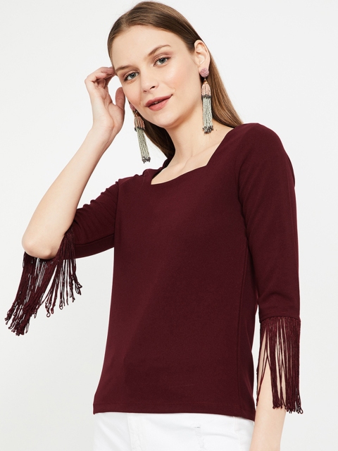 

CODE by Lifestyle Women Burgundy Solid Fringed Top