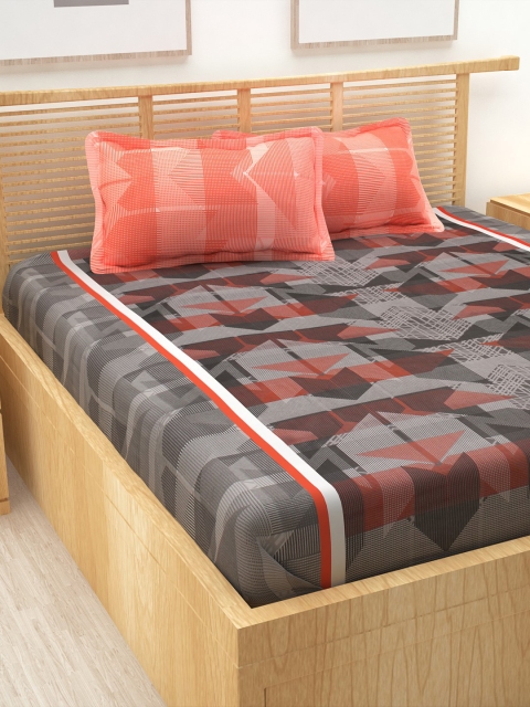 

Story@home Grey & Orange Printed 186 TC 1 Queen Bedsheet with 2 Pillow Covers