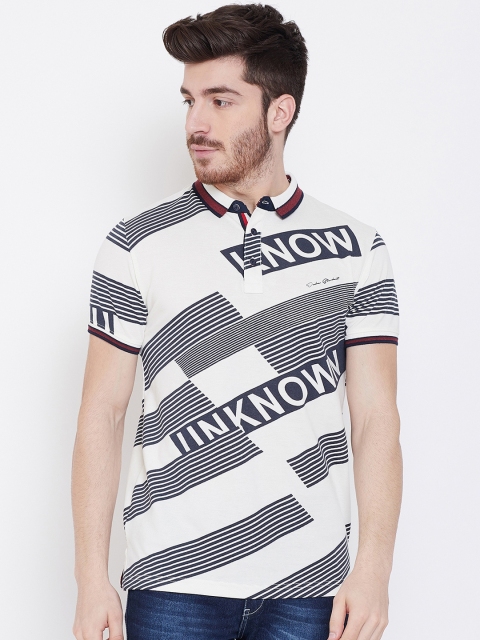 

Duke Men White & Navy Blue Printed Polo Collar T-shirt