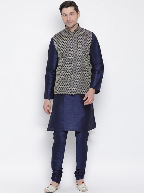 

VASTRAMAY Men Navy Blue Solid Kurta And Churidar With Jacket