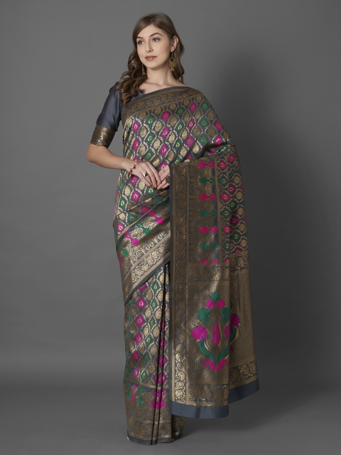 

Mitera Grey & Gold-Toned Silk Blend Woven Design Banarasi Saree