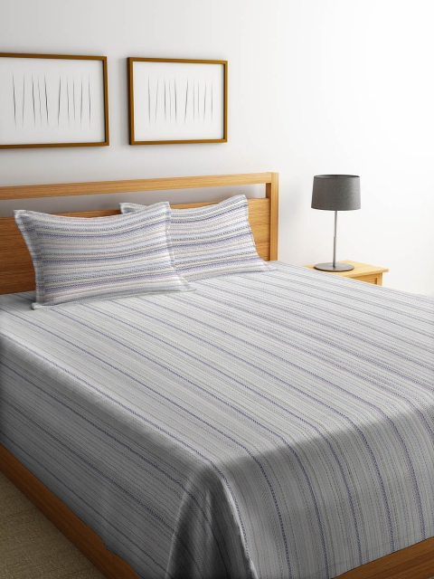 

NEUDIS Grey & Blue Striped Double Bed Cover with 2 Pillow Covers