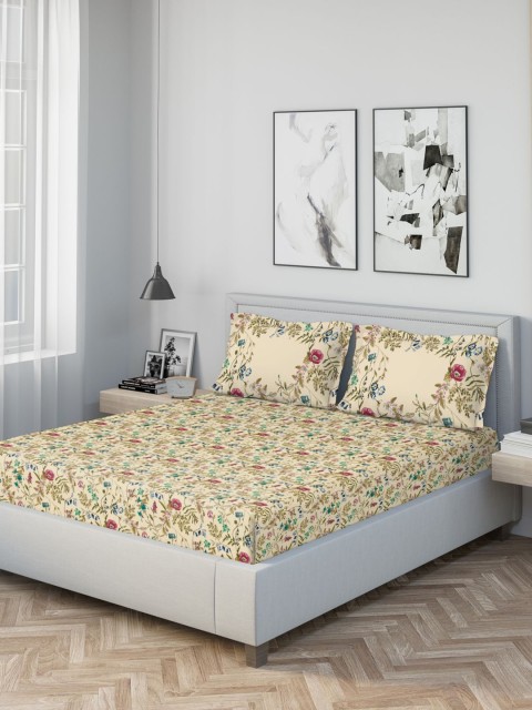 

DDecor Beige Floral 1000 TC Cotton 1 King Bedsheet with 2 Pillow Covers
