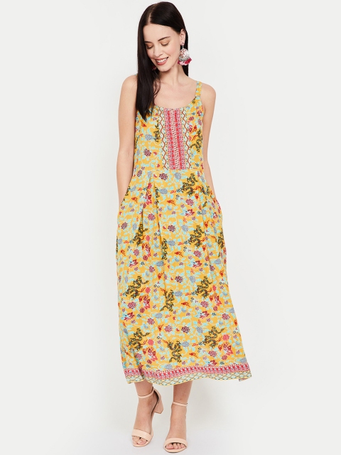 Colour Me by Melange Women Printed Yellow Fit and Flare Dress
