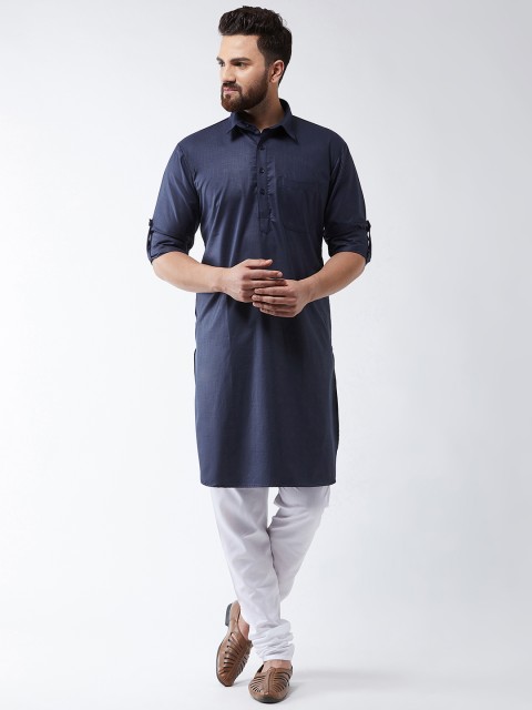 

SOJANYA Men Navy Blue & White Solid Pathani Kurta with Churidar