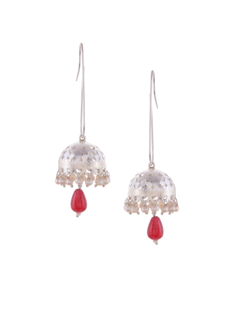 

Silvermerc Women Designs Silver-Toned & Red Dome Shaped Jhumkas