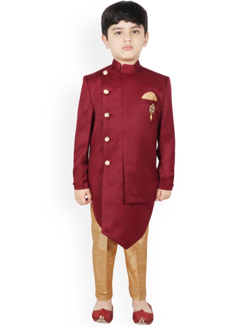 

SG YUVRAJ Boys Maroon & Brown Silk Woven Design Sherwani Set