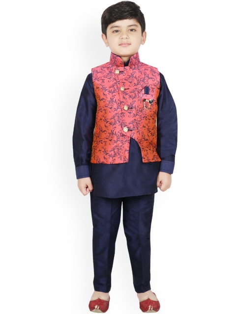 Boys Peach-Coloured & Navy Blue Printed Raw Silk Kurta with Trousers