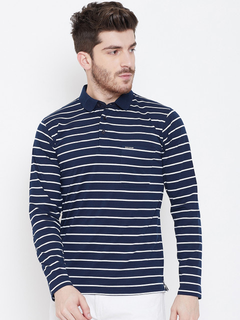 

Okane Men Navy Blue Striped Polo Collar T-shirt