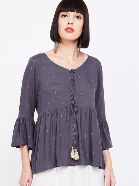 

Colour Me by Melange Women Charcoal Grey Printed Bell Sleeved Cinched Waist Top
