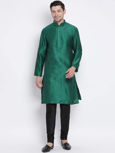

VASTRAMAY Men Green & Black Solid Kurta with Churidar