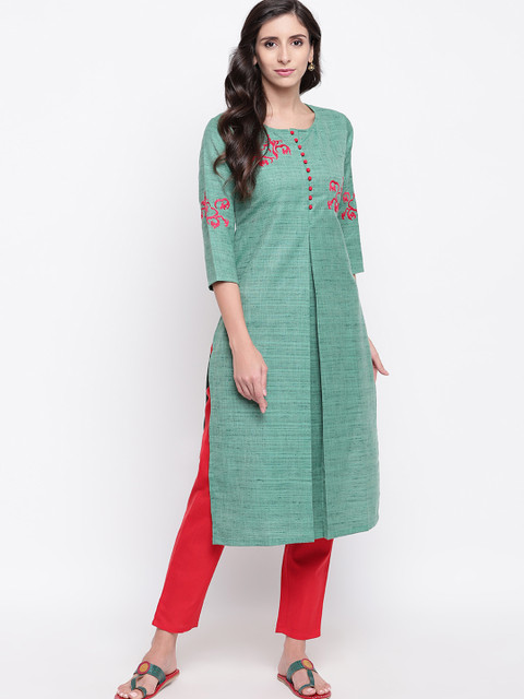 

Shakumbhari Women Green & Red Embroidered Straight Kurta
