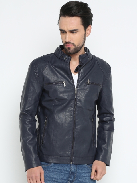 

SHOWOFF Men Navy Blue Solid Biker Jacket