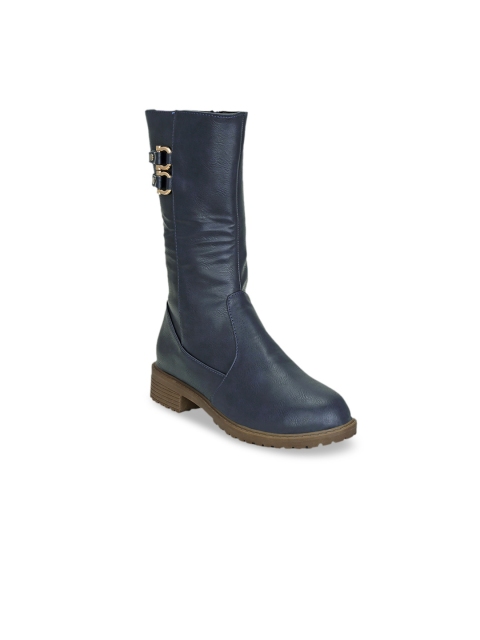 

Get Glamr Women Navy Blue Solid Synthetic Leather High-Top Flat Boots