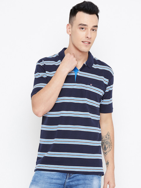 

Duke Men Navy Blue & White Striped Polo Collar T-shirt