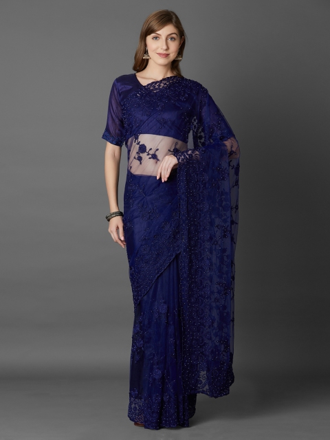 

Mitera Women Navy Blue Embroidered Net Saree