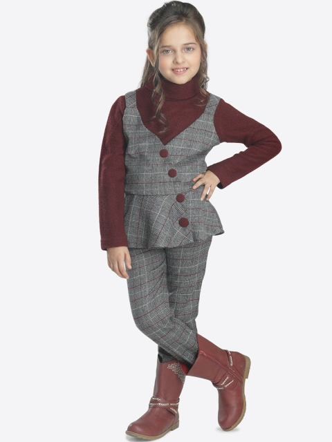 

CUTECUMBER Girls Maroon & Grey Checked Top with Trousers