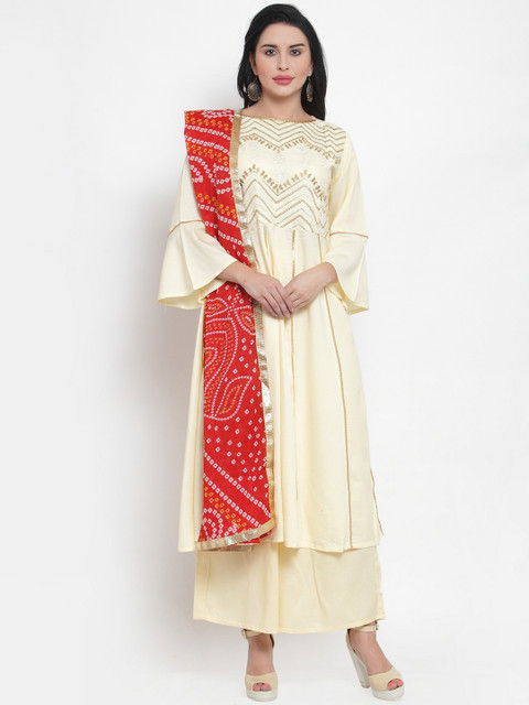 

WESTCLO Women Cream-Coloured & Red Self Design Kurti with Palazzos & Dupatta