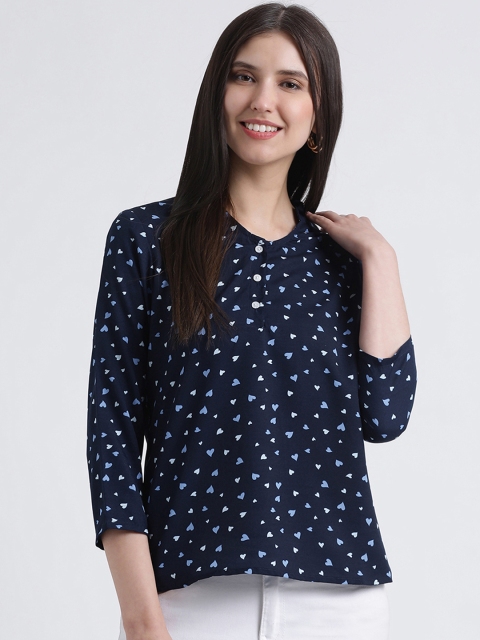 

AkaAyu Women Navy Blue Conversational Printed Top