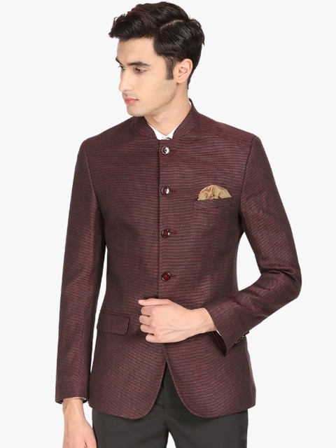

SUITLTD Men Maroon Self-Design Slim Fit Bandhgala Blazer