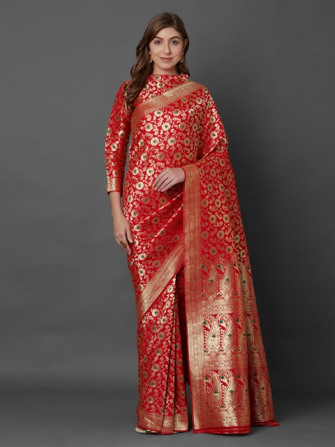 

Mitera Red & Gold-Toned Silk Blend Woven Design Banarasi Saree