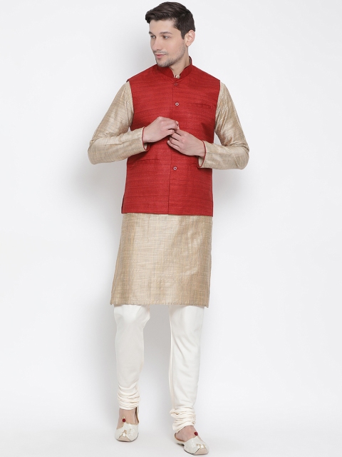 

VASTRAMAY Men Beige & Off-White Solid Kurta And Churidar With Jacket