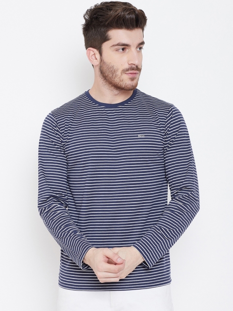 

Okane Men Navy Blue & White Striped Round Neck T-shirt