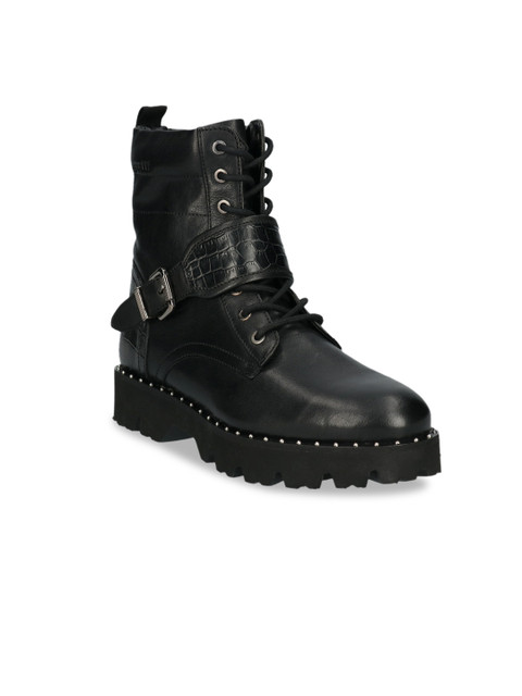 

Bugatti Women Black Solid Leather Mid-Top Flat Boots
