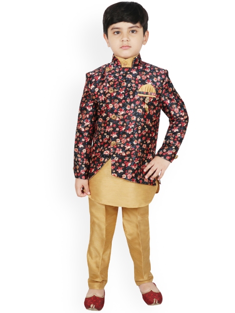 

SG YUVRAJ Boys Navy Blue & Pink Printed Raw Silk Kurta with Trousers