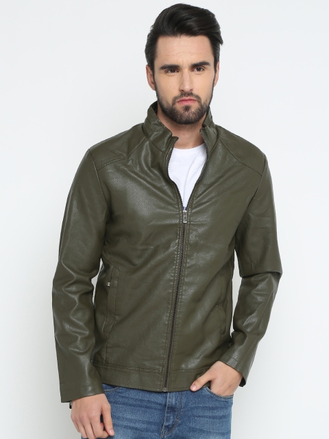 

SHOWOFF Men Olive Green Solid Biker Jacket
