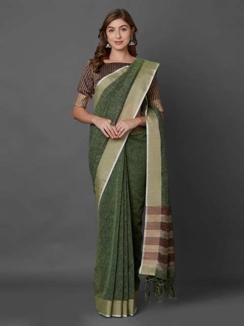 

Mitera Olive Green Solid Linen Blend Saree