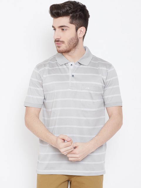 

Duke Men Grey Striped Polo Collar T-shirt