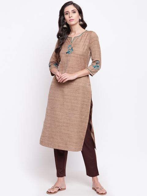 

Shakumbhari Women Brown & Green Embroidered Straight Kurta
