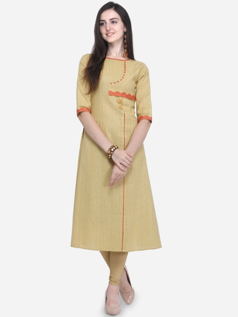 

Kvsfab Women Green & Beige Striped Straight Khadi Woven Kurta