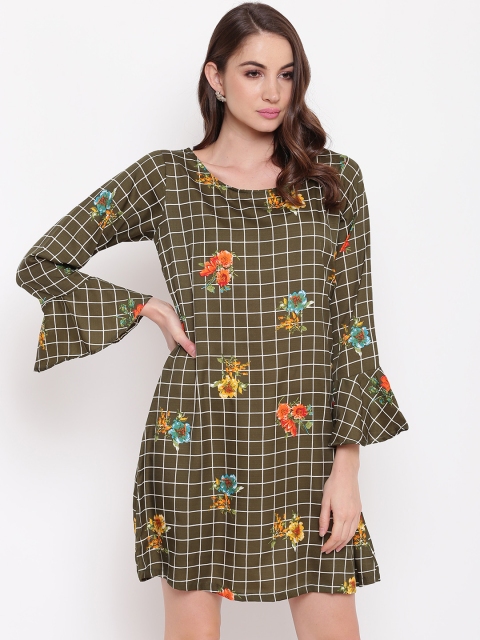 

Mayra Women Olive Green Checked A-Line Dress