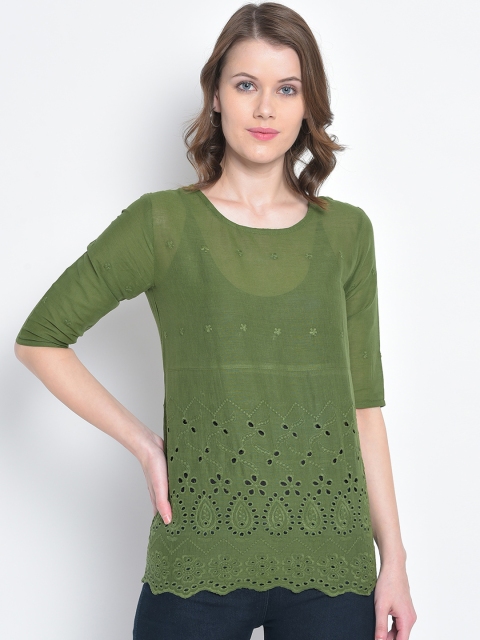 

Mayra Women Green Schiffli Embroidered Top
