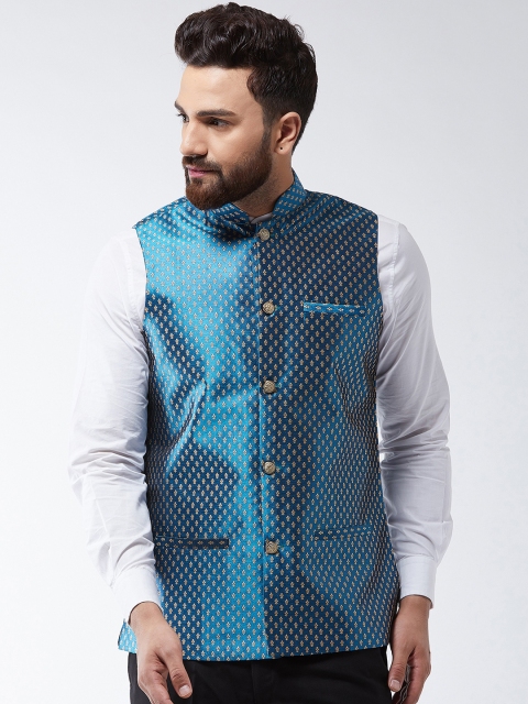 

SOJANYA Men Teal Blue Woven Design Nehru Jacket