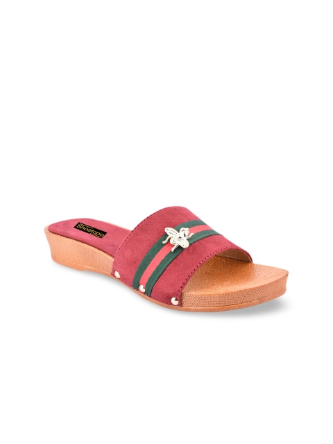 

Shoetopia Women Red Striped Suede Open Toe Flats