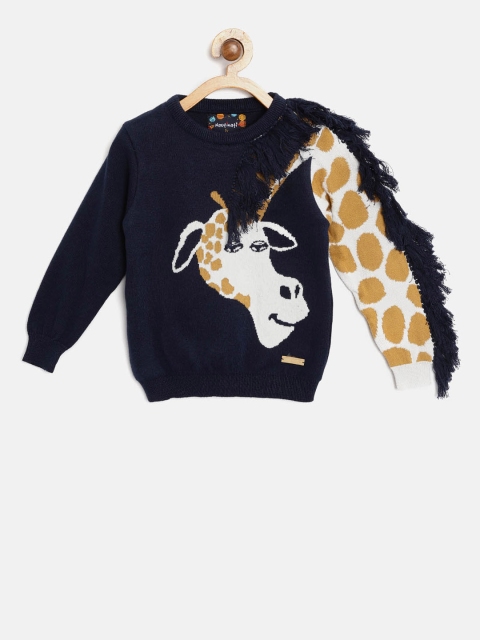 Nauti Nati Boys Navy Blue & Yellow Printed Sweater