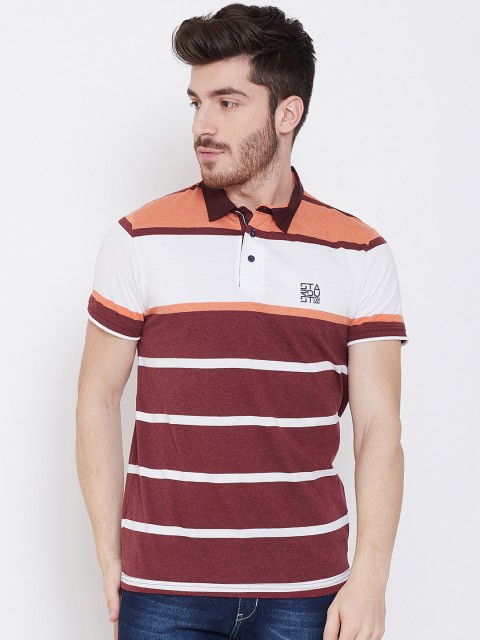 

Duke Men Orange And Maroon Striped Polo Collar T-shirt