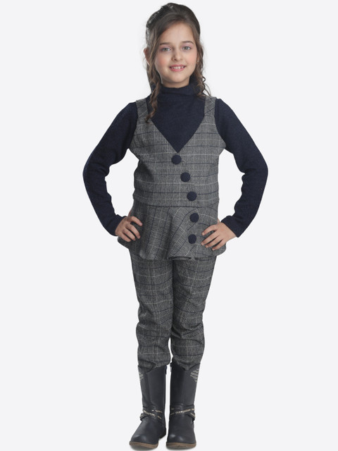 

CUTECUMBER Girls Navy Blue & Grey Checked Top with Trousers