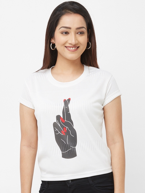 

Imagica Women Off-White Printed Round Neck T-shirt