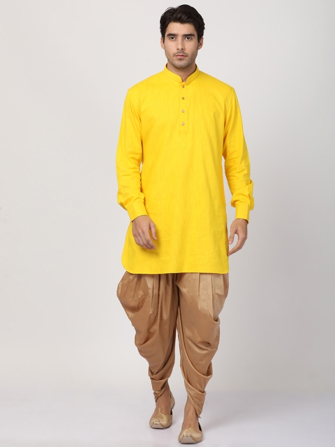 

VASTRAMAY Men Yellow & Beige Solid Kurta with Dhoti Pants