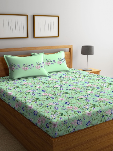 Portico New York Green Floral 144 TC Cotton 1 Queen Bedsheet with 2 Pillow Covers