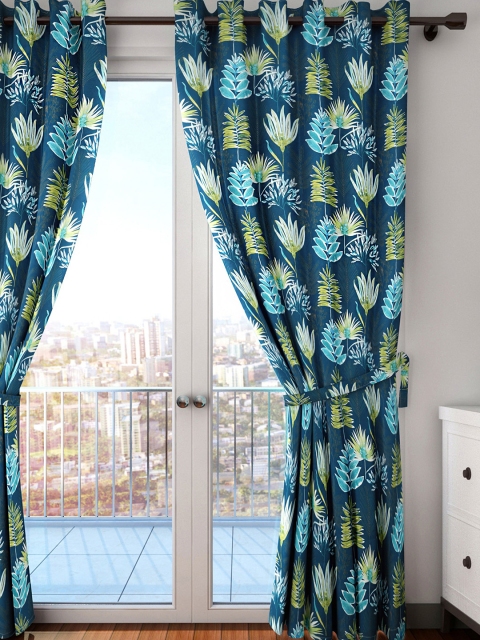 

HOUZZCODE Blue & Green Botanica Printed Single Room Darkening Door Curtain