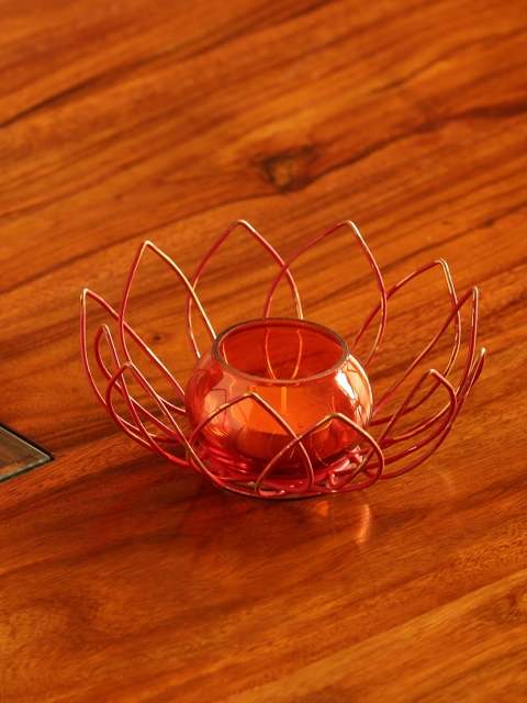 

ExclusiveLane Gold-Toned & Red Lotus-Shaped Handcrafted Table Tea-Light Candle Holder